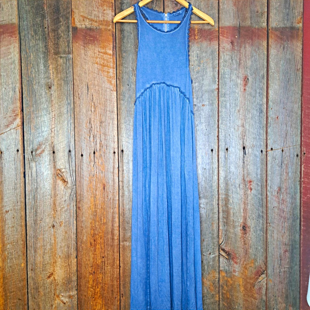 Whimsigoth Cottage Boho POL Daisy Chain Maxi Dress Slate Blue S Lace Stretch